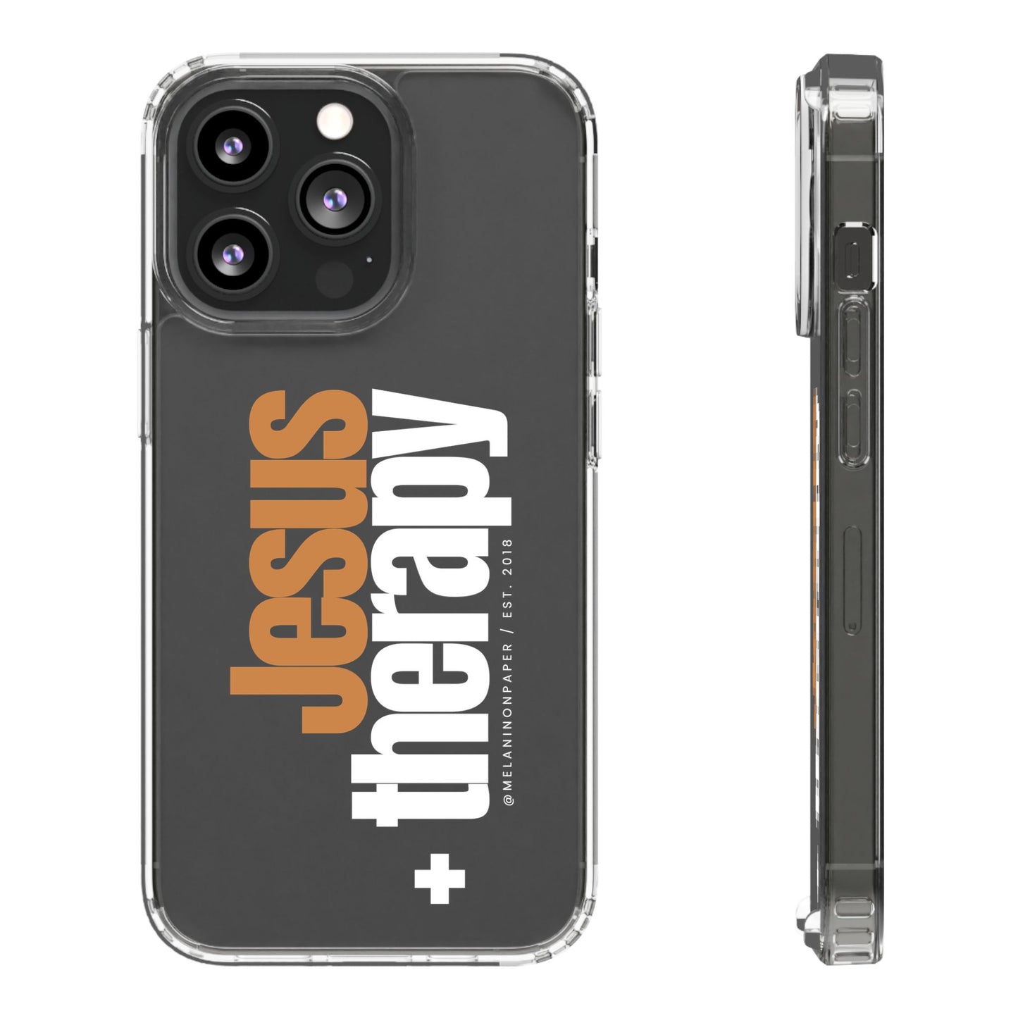 "Jesus + therapy" Clear Phone Cases - white & gold