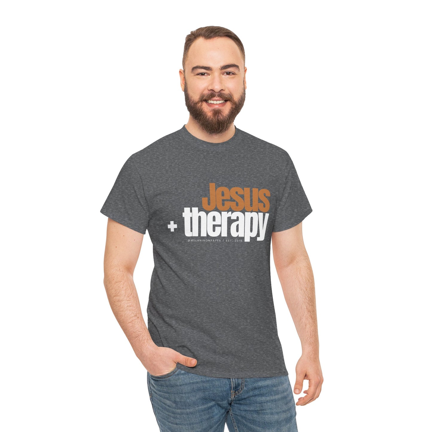 "Jesus + therapy" Unisex Heavy Cotton Tee - Black, Graphite Heather Grey, Dark Heather Grey, & Navy