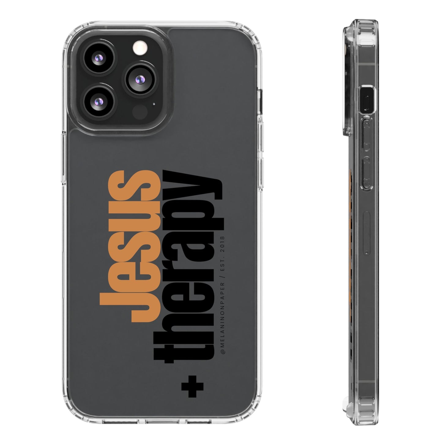 "Jesus + therapy" Clear Phone Cases - black & gold