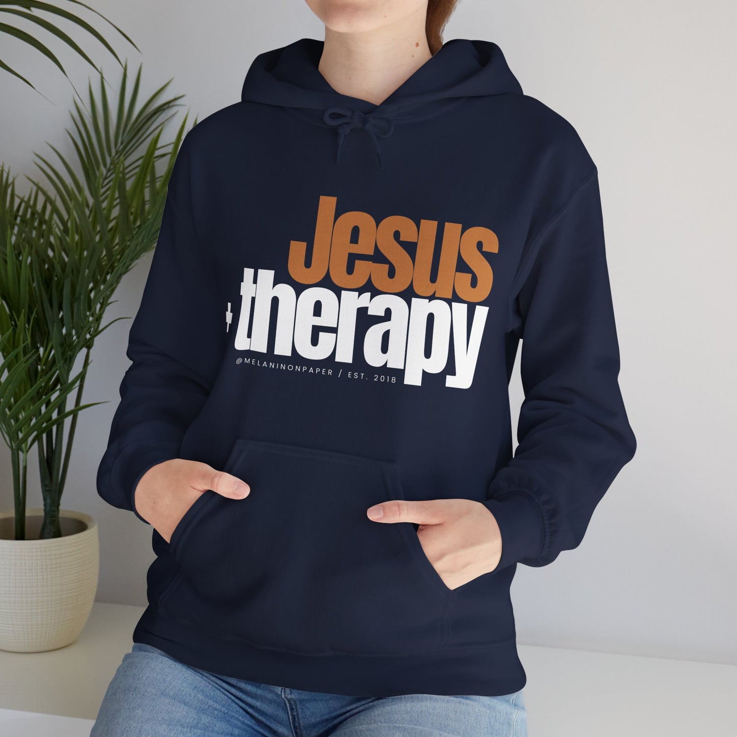 "Jesus + therapy" Unisex Heavy Blend™ Hooded Sweatshirt - Black, Chocolate, Navy Blue, Dark Gray, & Hunter Green Available
