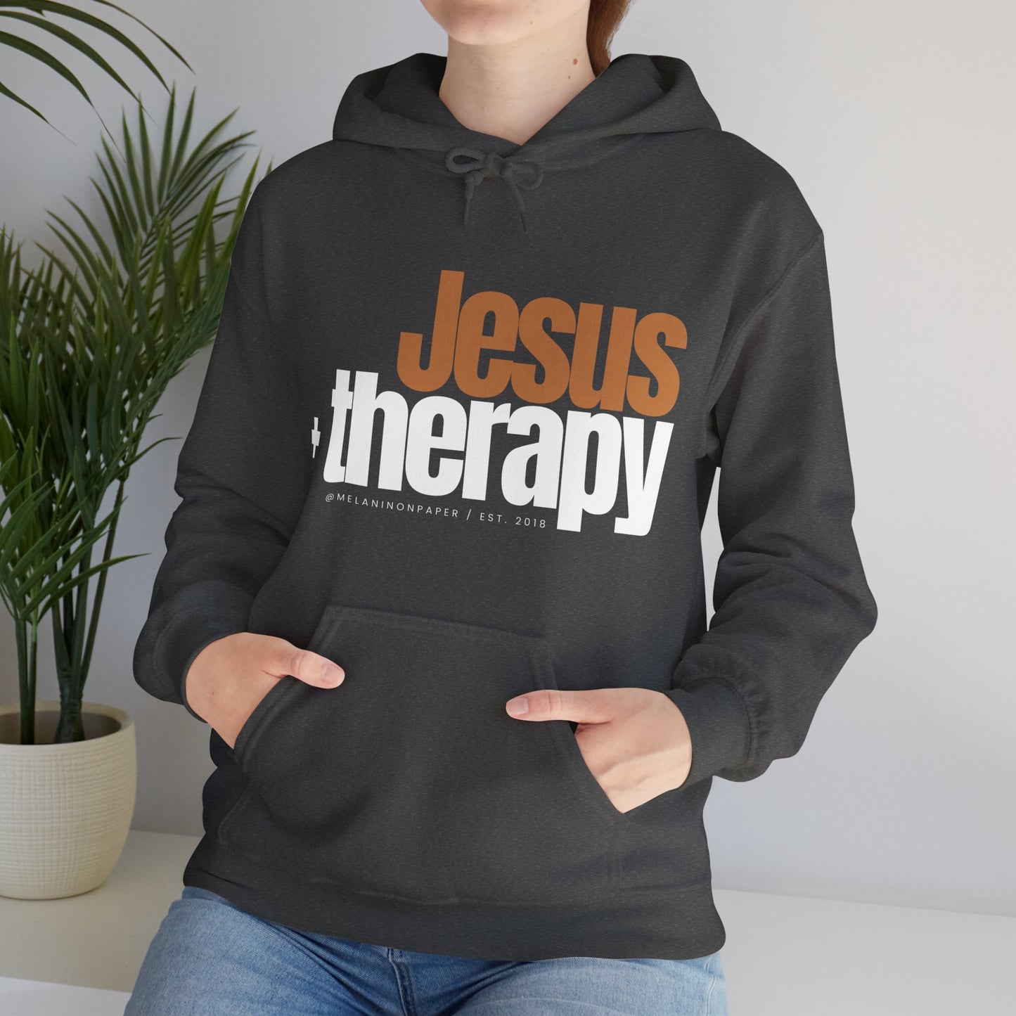 "Jesus + therapy" Unisex Heavy Blend™ Hooded Sweatshirt - Black, Chocolate, Navy Blue, Dark Gray, & Hunter Green Available