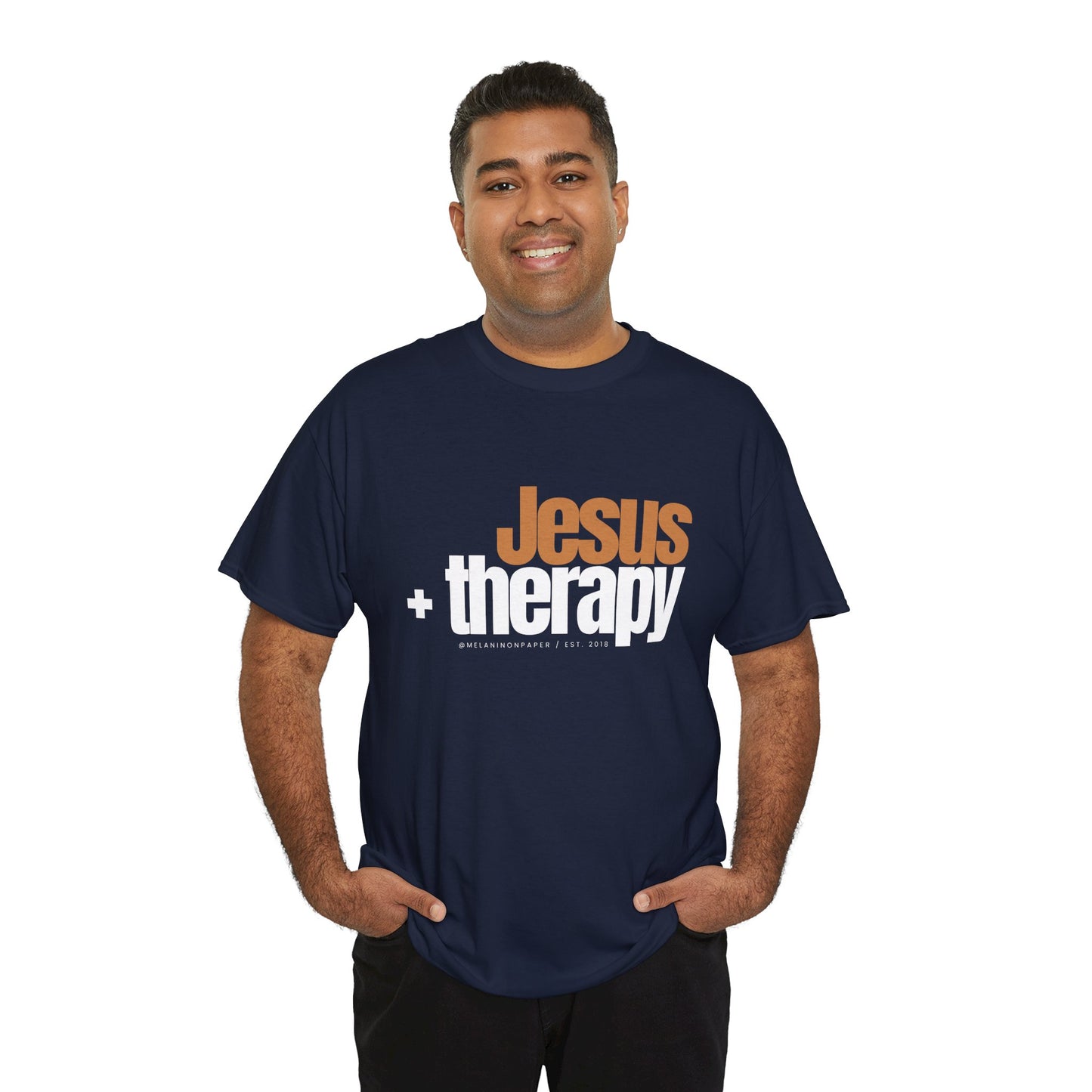 "Jesus + therapy" Unisex Heavy Cotton Tee - Black, Graphite Heather Grey, Dark Heather Grey, & Navy