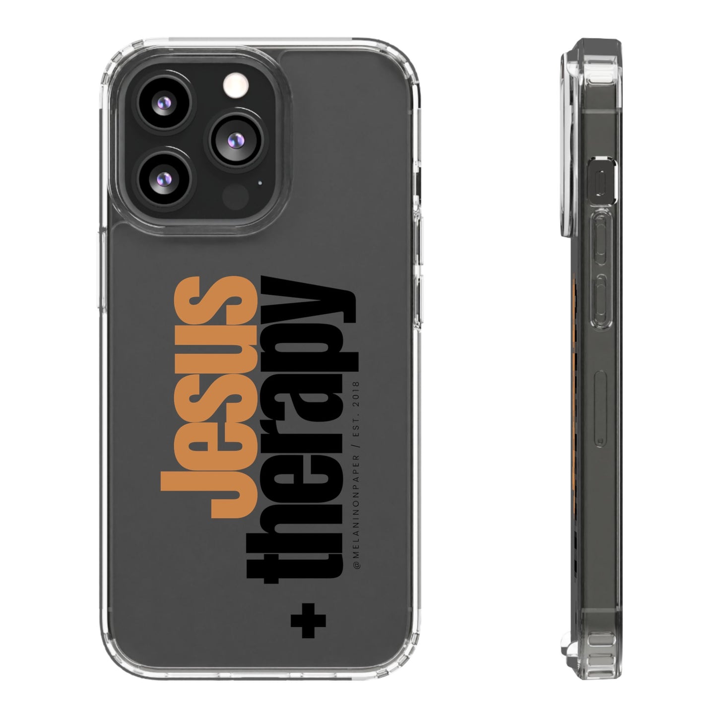"Jesus + therapy" Clear Phone Cases - black & gold