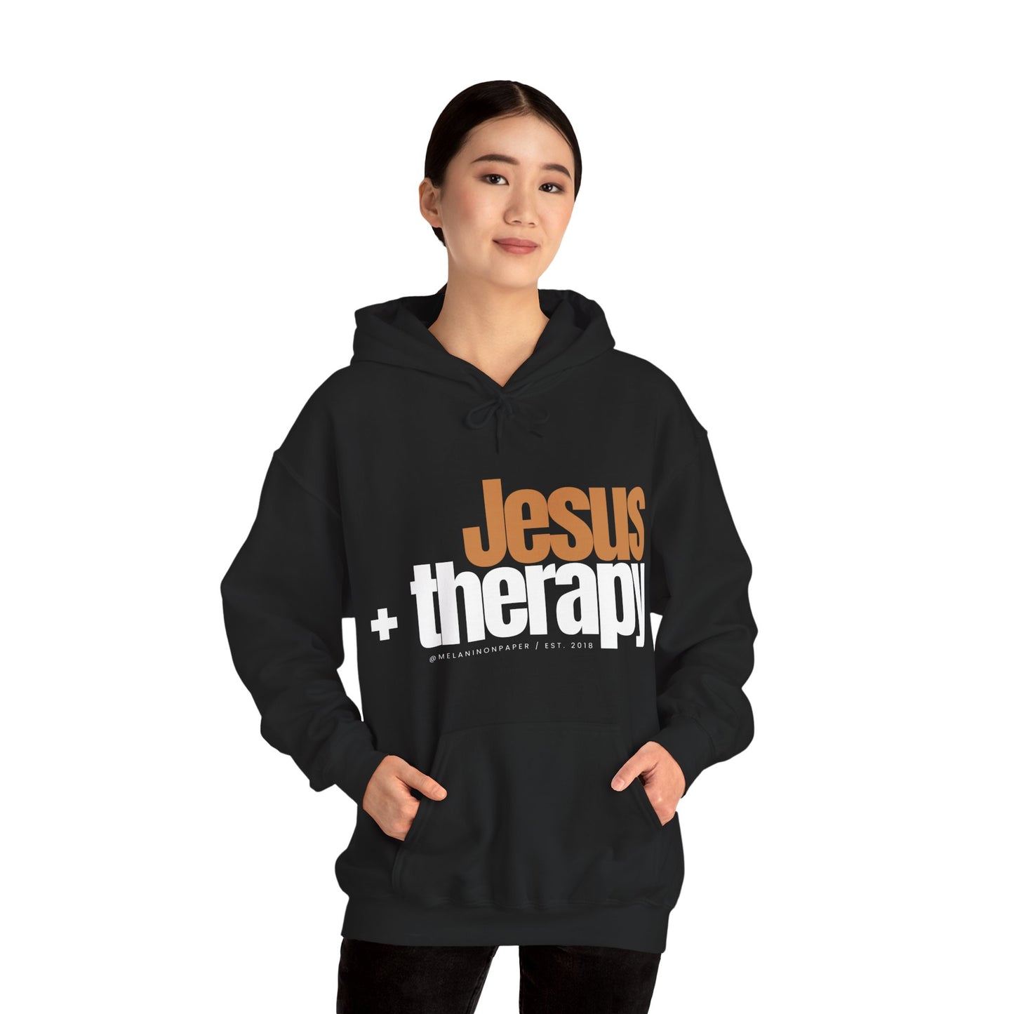 "Jesus + therapy" Unisex Heavy Blend™ Hooded Sweatshirt - Black, Chocolate, Navy Blue, Dark Gray, & Hunter Green Available
