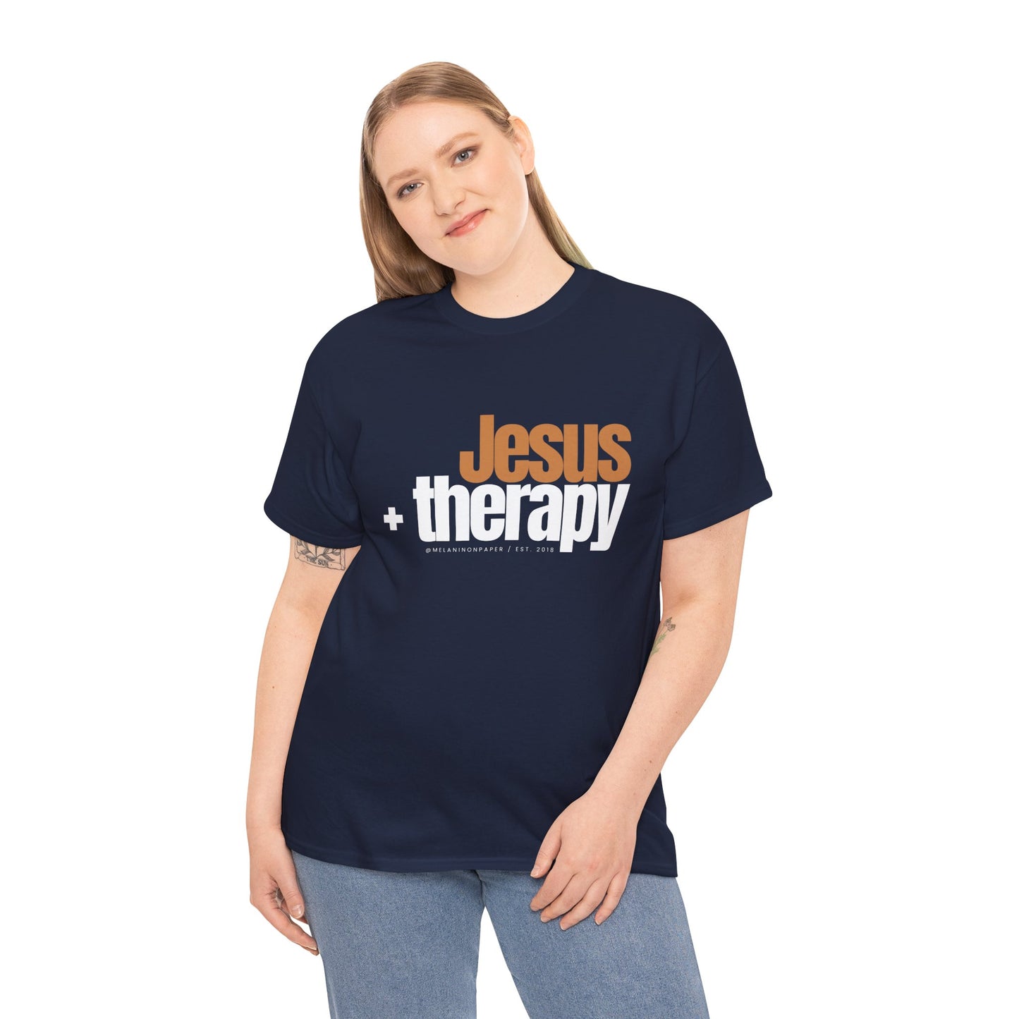 "Jesus + therapy" Unisex Heavy Cotton Tee - Black, Graphite Heather Grey, Dark Heather Grey, & Navy
