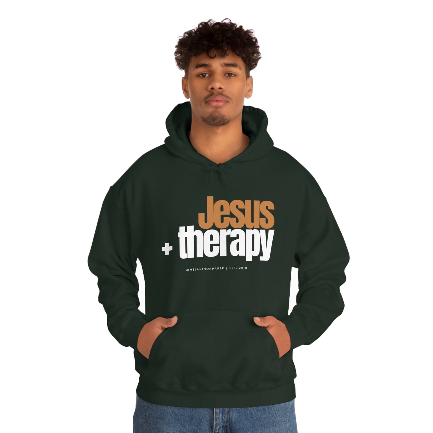 "Jesus + therapy" Unisex Heavy Blend™ Hooded Sweatshirt - Black, Chocolate, Navy Blue, Dark Gray, & Hunter Green Available