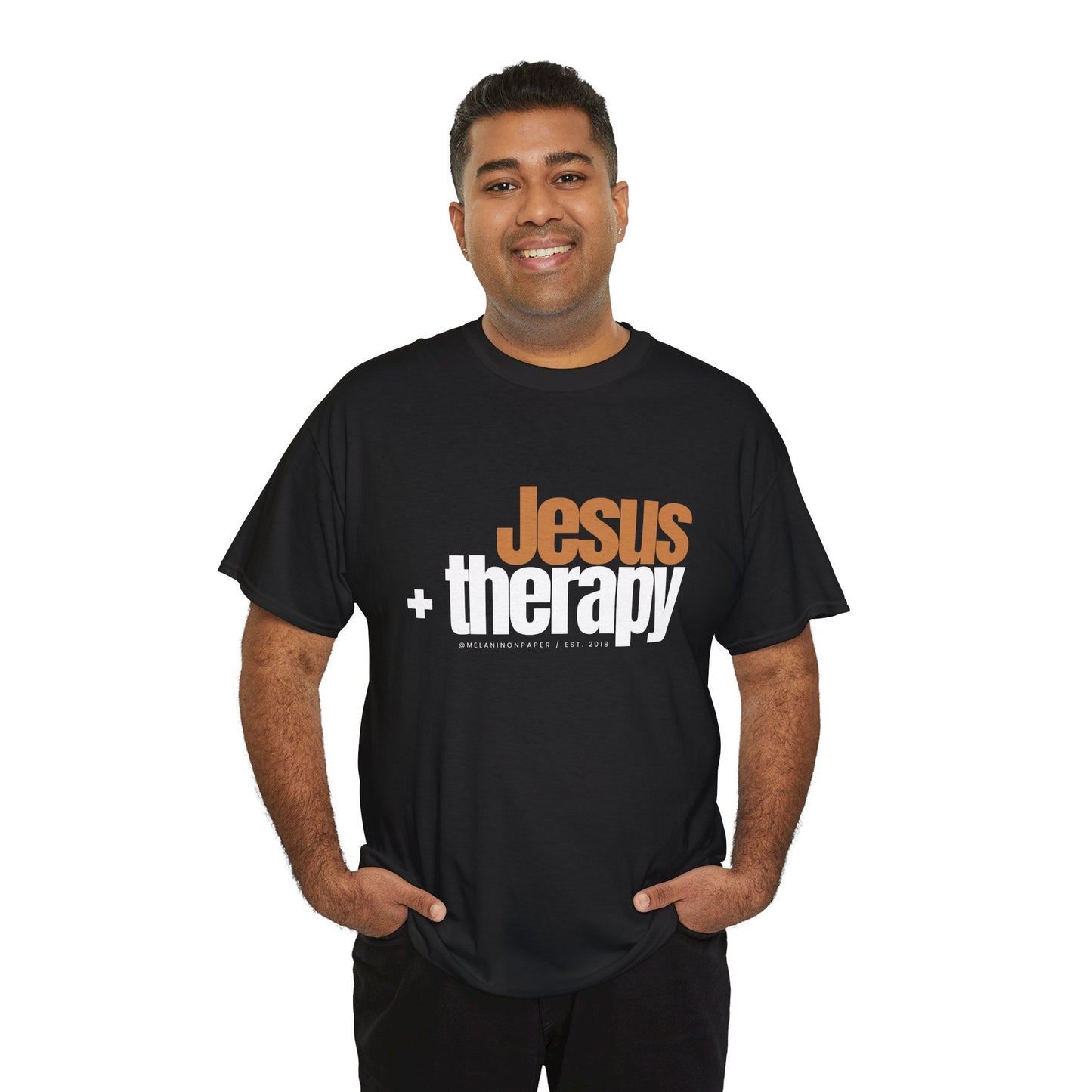 "Jesus + therapy" Unisex Heavy Cotton Tee - Black, Graphite Heather Grey, Dark Heather Grey, & Navy