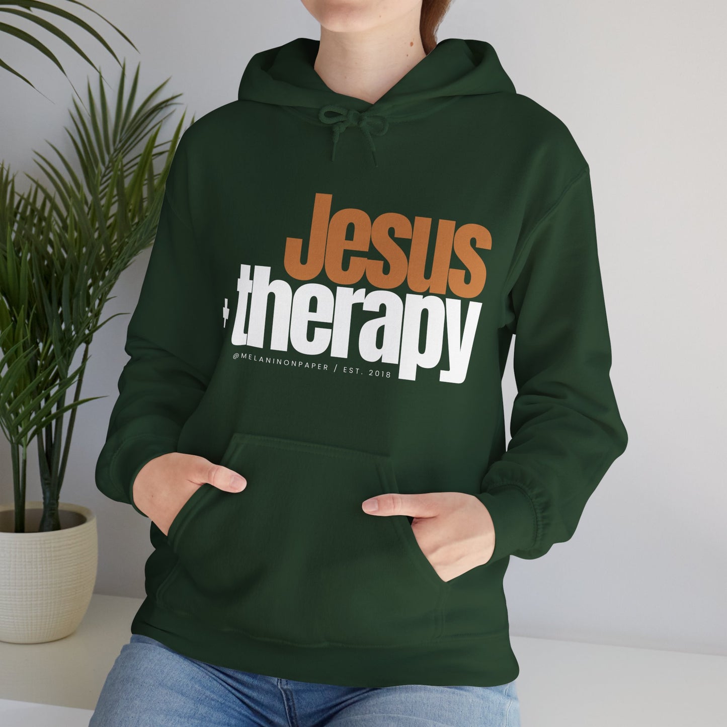 "Jesus + therapy" Unisex Heavy Blend™ Hooded Sweatshirt - Black, Chocolate, Navy Blue, Dark Gray, & Hunter Green Available