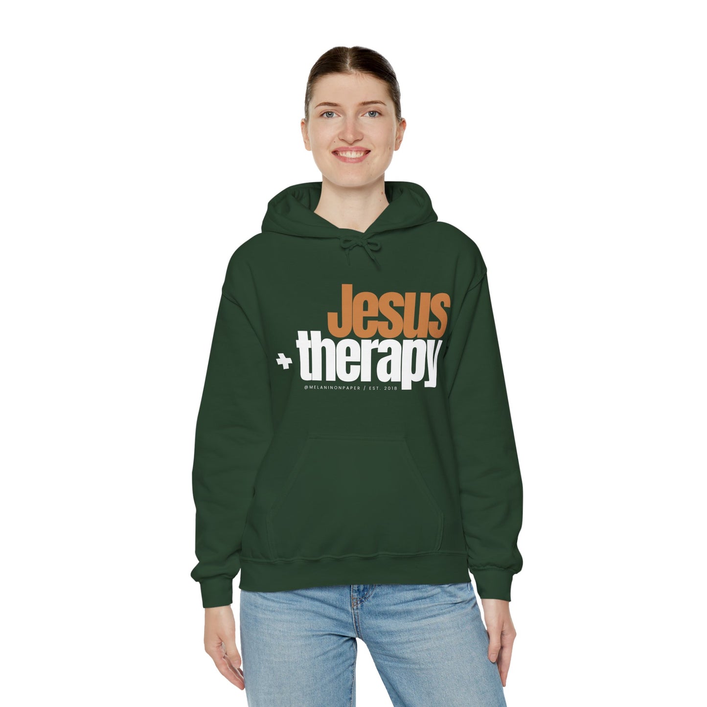 "Jesus + therapy" Unisex Heavy Blend™ Hooded Sweatshirt - Black, Chocolate, Navy Blue, Dark Gray, & Hunter Green Available