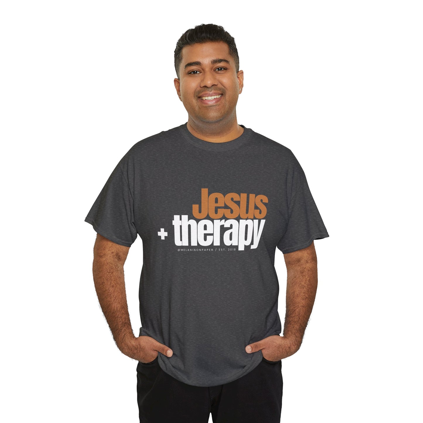 "Jesus + therapy" Unisex Heavy Cotton Tee - Black, Graphite Heather Grey, Dark Heather Grey, & Navy