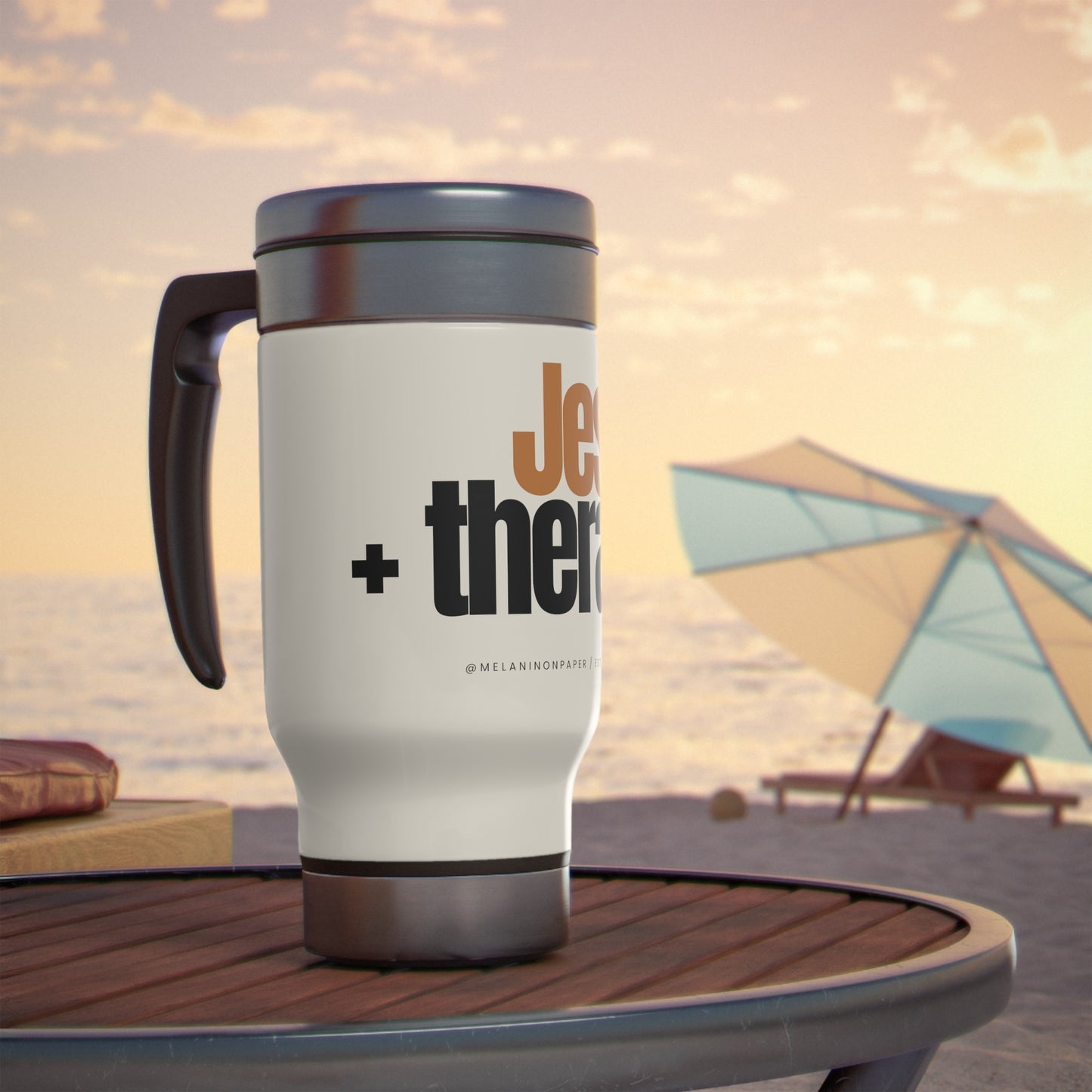 "Jesus + therapy" Stainless Steel Travel Mug with Handle, 14oz