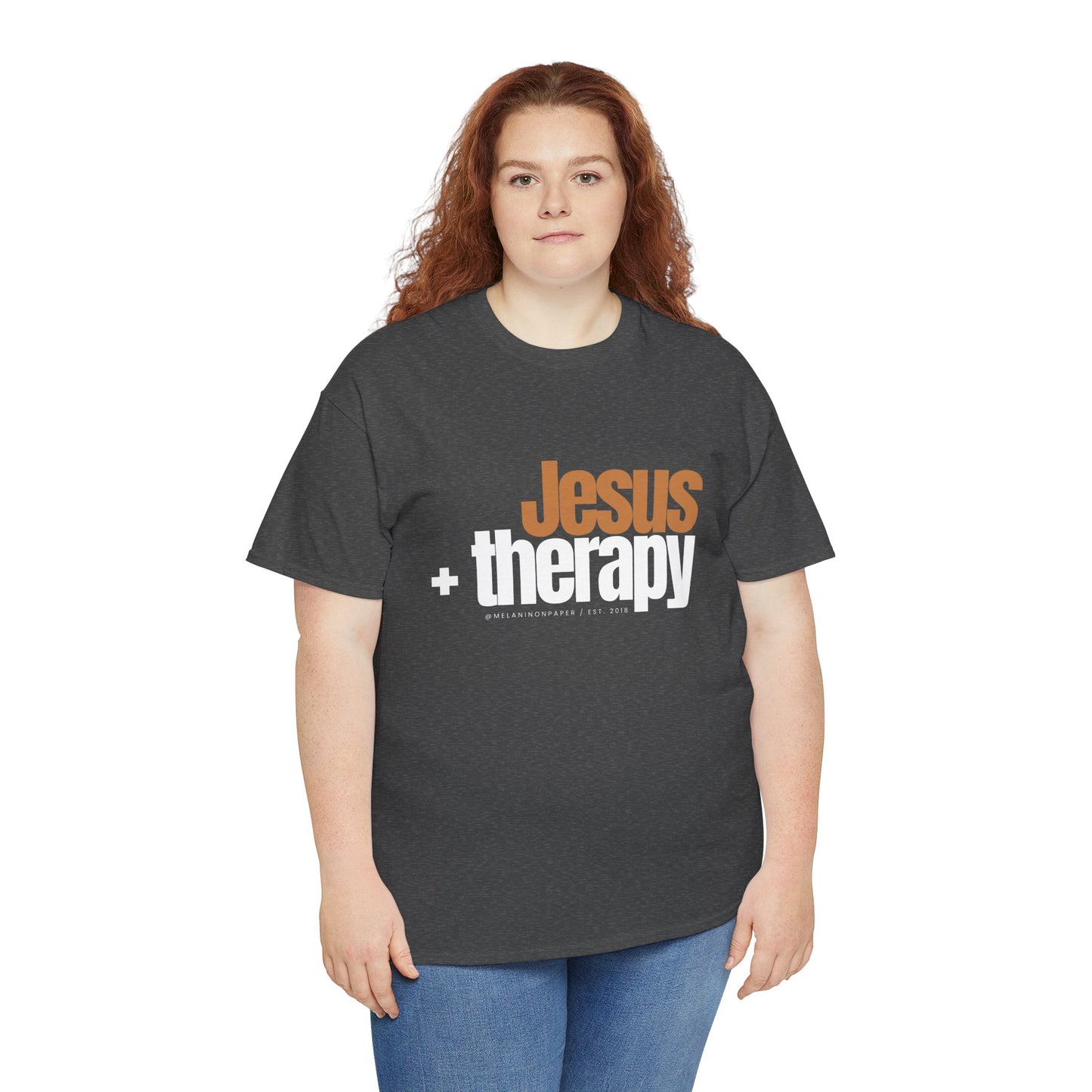 "Jesus + therapy" Unisex Heavy Cotton Tee - Black, Graphite Heather Grey, Dark Heather Grey, & Navy
