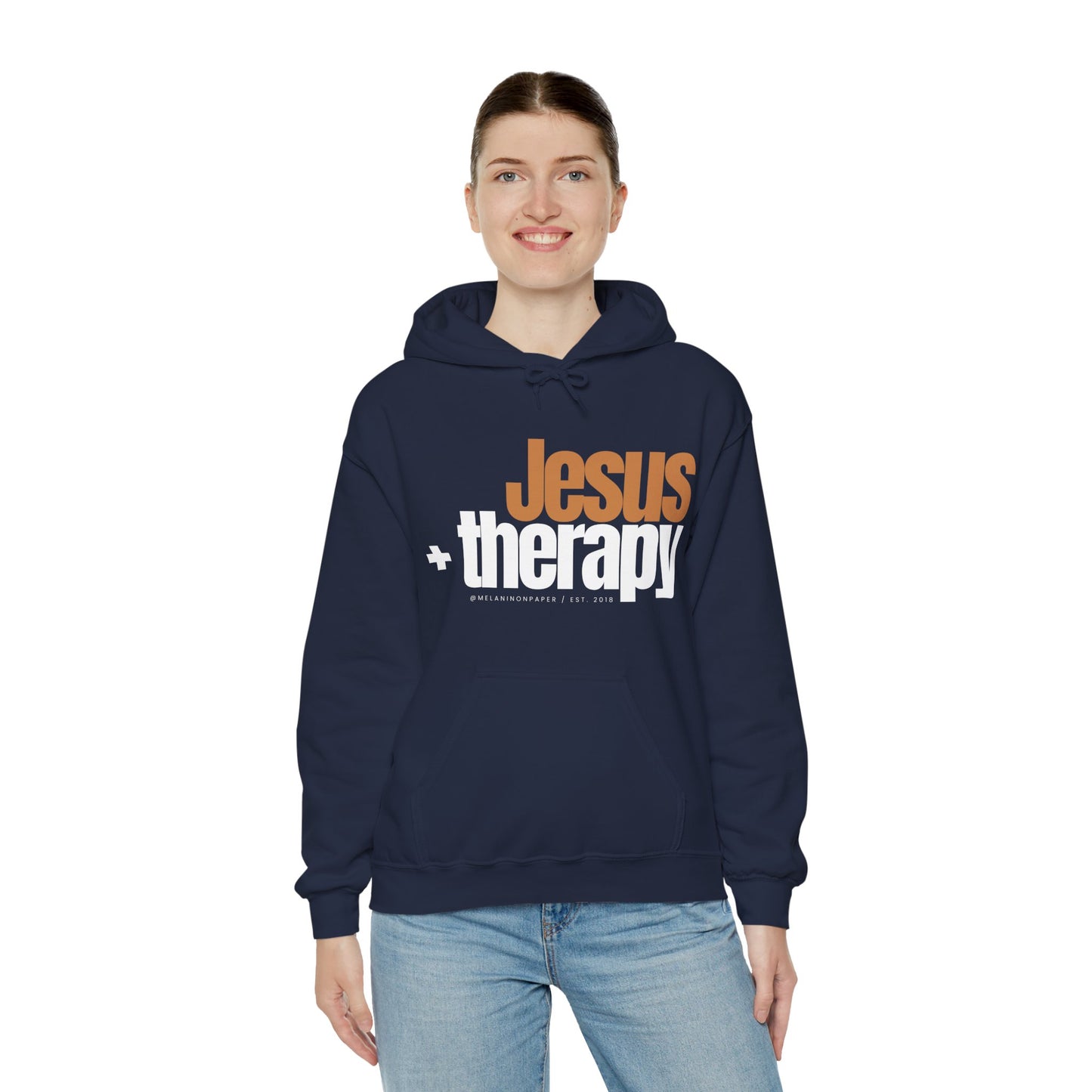 "Jesus + therapy" Unisex Heavy Blend™ Hooded Sweatshirt - Black, Chocolate, Navy Blue, Dark Gray, & Hunter Green Available
