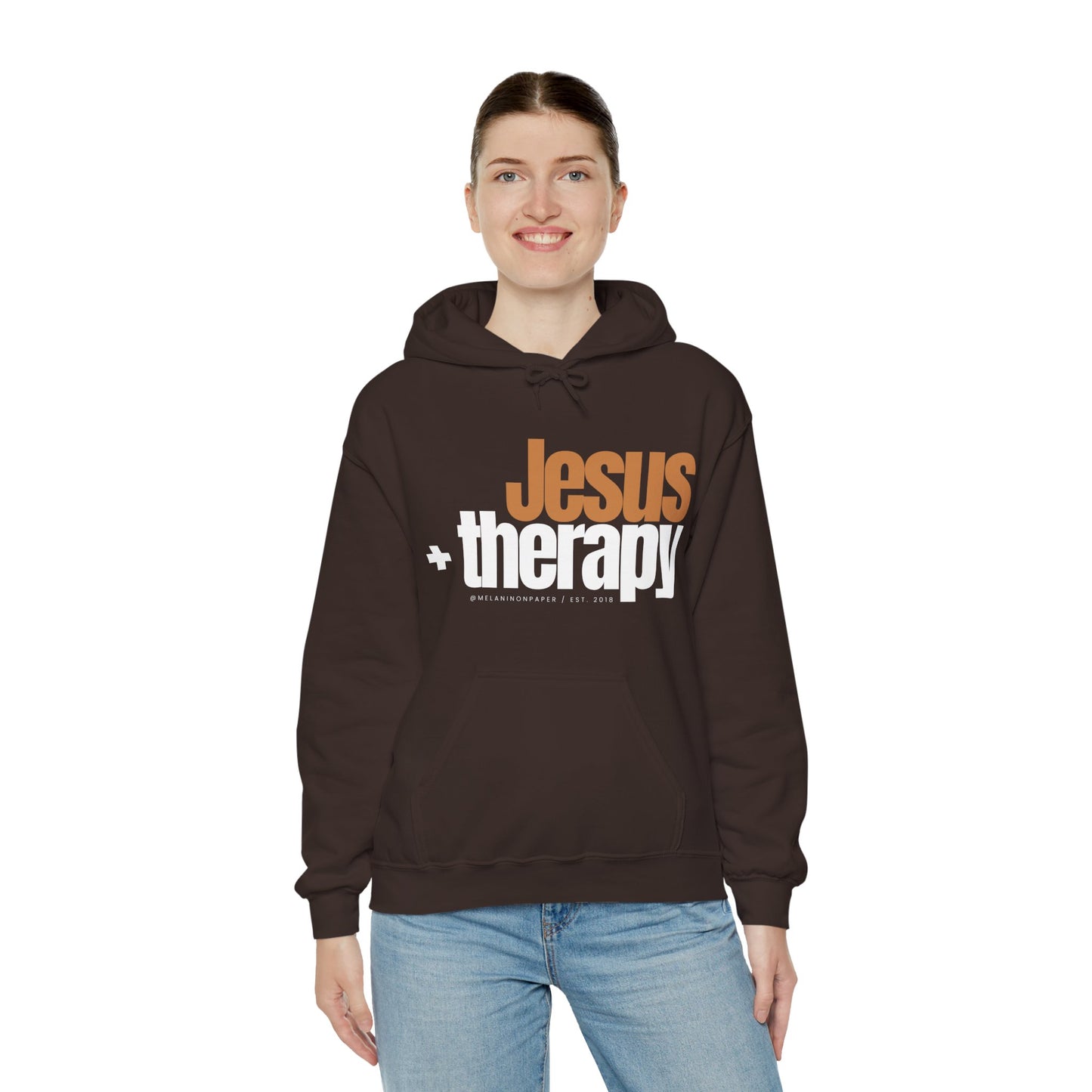 "Jesus + therapy" Unisex Heavy Blend™ Hooded Sweatshirt - Black, Chocolate, Navy Blue, Dark Gray, & Hunter Green Available