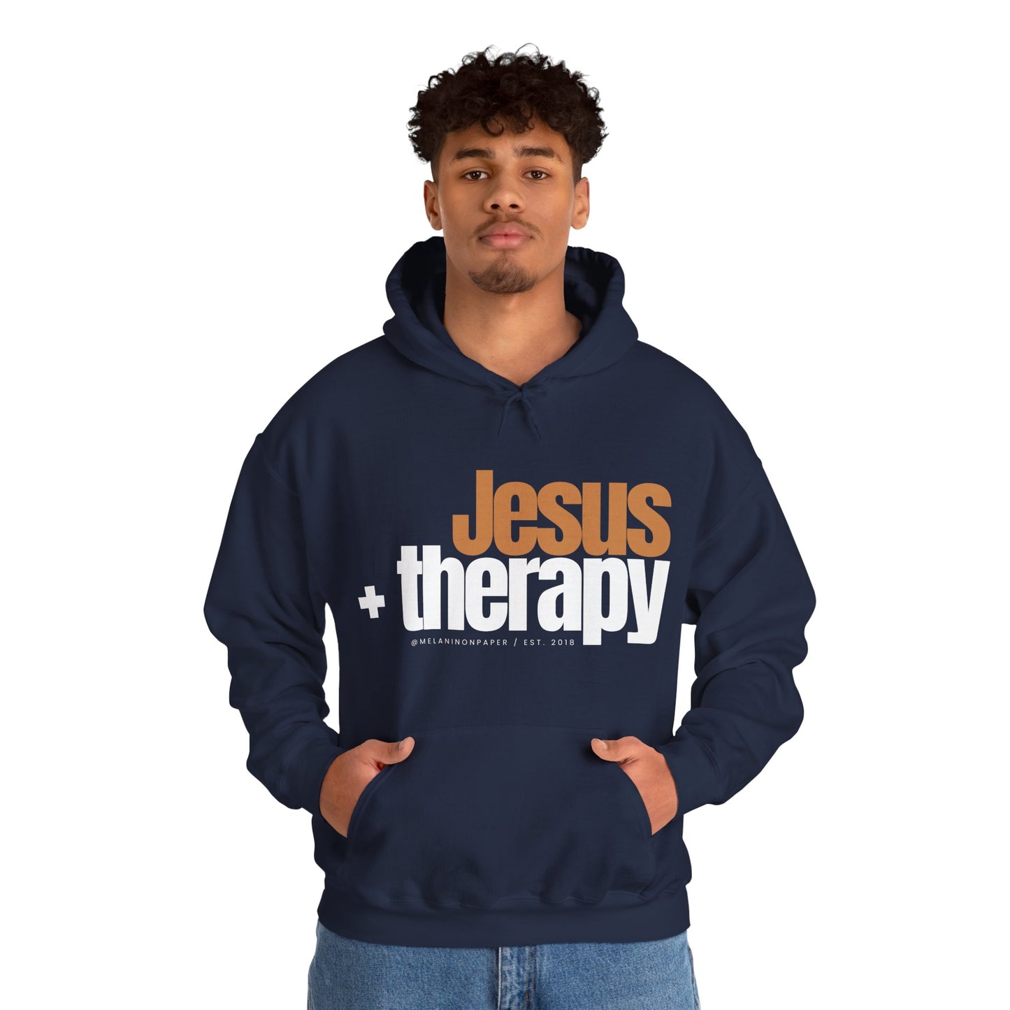 "Jesus + therapy" Unisex Heavy Blend™ Hooded Sweatshirt - Black, Chocolate, Navy Blue, Dark Gray, & Hunter Green Available
