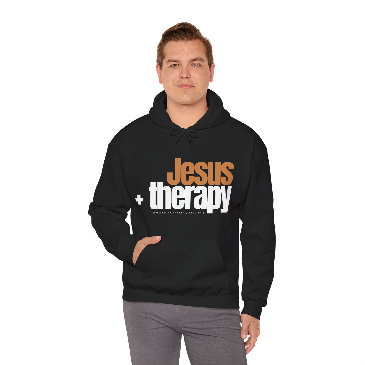 "Jesus + therapy" Unisex Heavy Blend™ Hooded Sweatshirt - Black, Chocolate, Navy Blue, Dark Gray, & Hunter Green Available