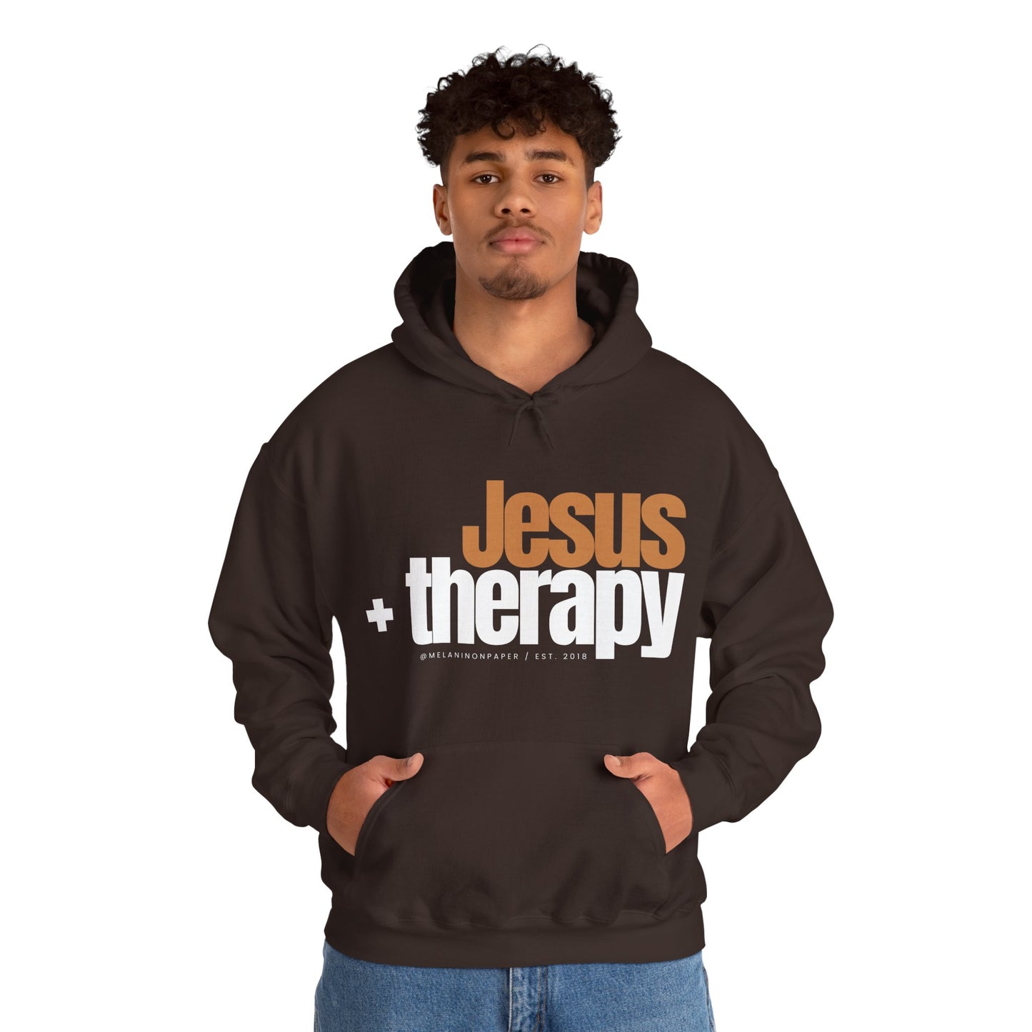 "Jesus + therapy" Unisex Heavy Blend™ Hooded Sweatshirt - Black, Chocolate, Navy Blue, Dark Gray, & Hunter Green Available