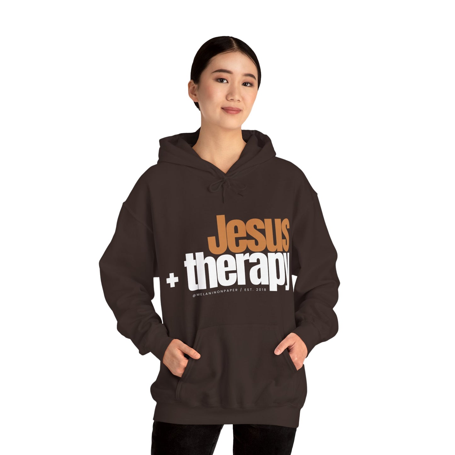 "Jesus + therapy" Unisex Heavy Blend™ Hooded Sweatshirt - Black, Chocolate, Navy Blue, Dark Gray, & Hunter Green Available