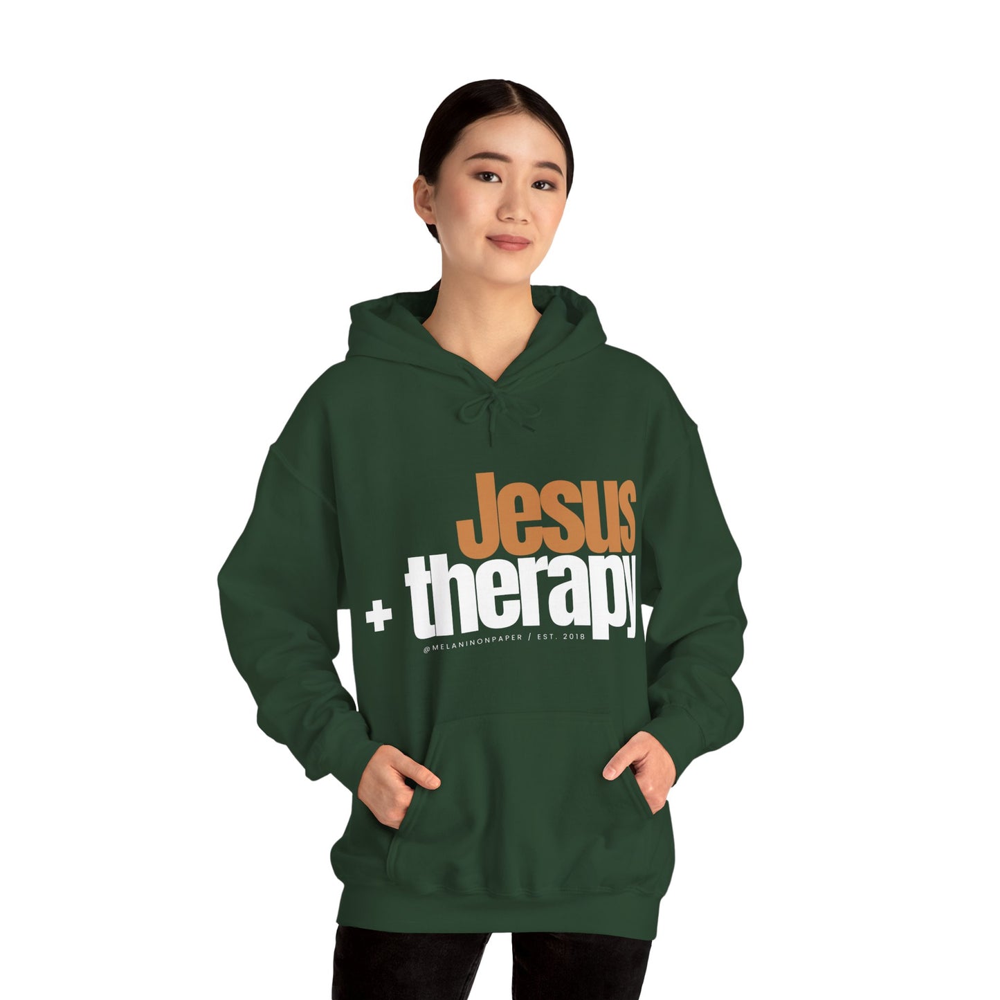 "Jesus + therapy" Unisex Heavy Blend™ Hooded Sweatshirt - Black, Chocolate, Navy Blue, Dark Gray, & Hunter Green Available