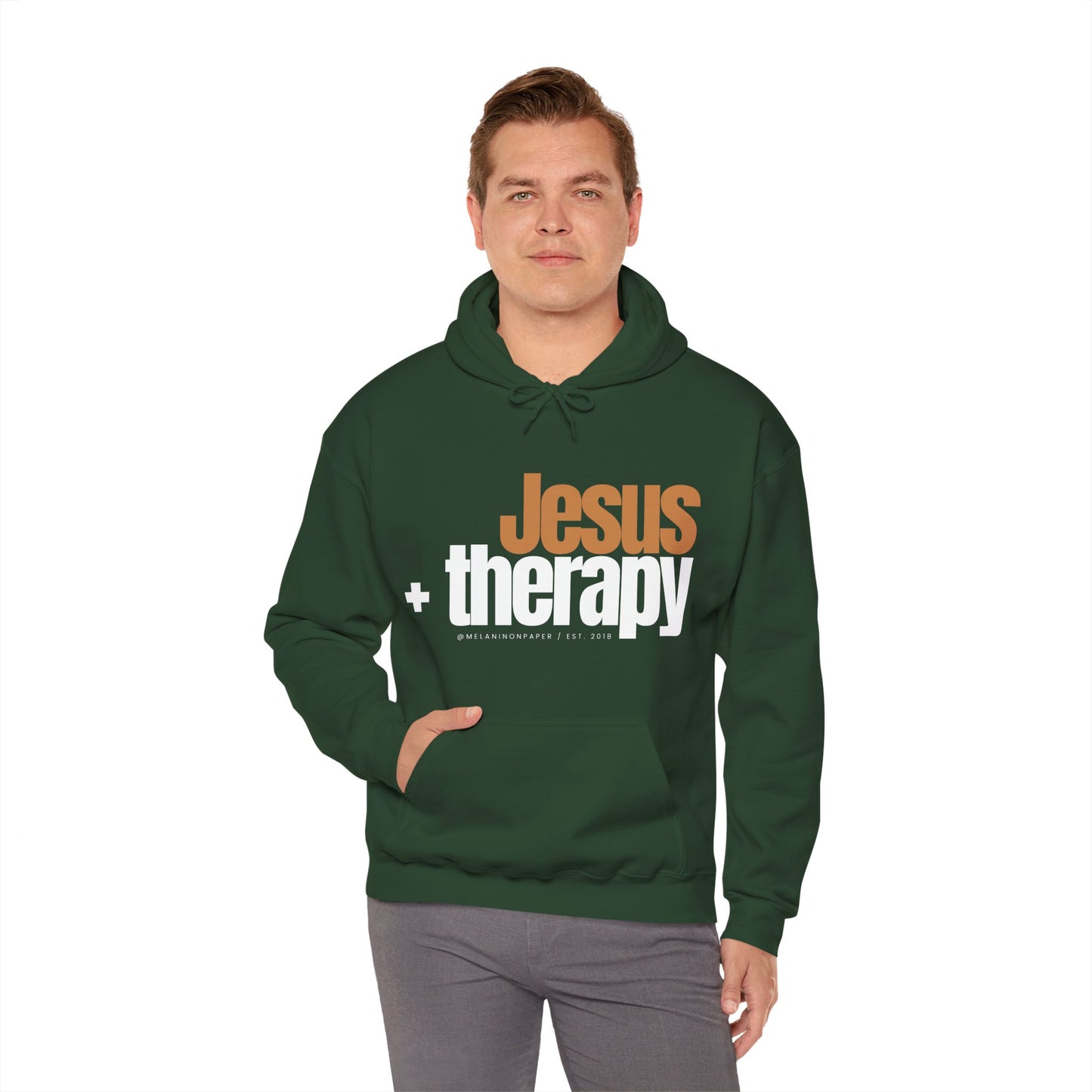 "Jesus + therapy" Unisex Heavy Blend™ Hooded Sweatshirt - Black, Chocolate, Navy Blue, Dark Gray, & Hunter Green Available