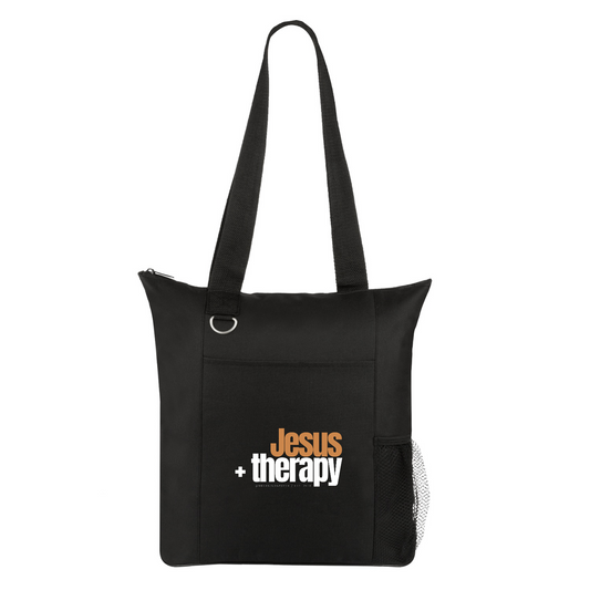 "Jesus + Therapy" Infinity Tote Bag (Black) – 13.7" H x 12" W