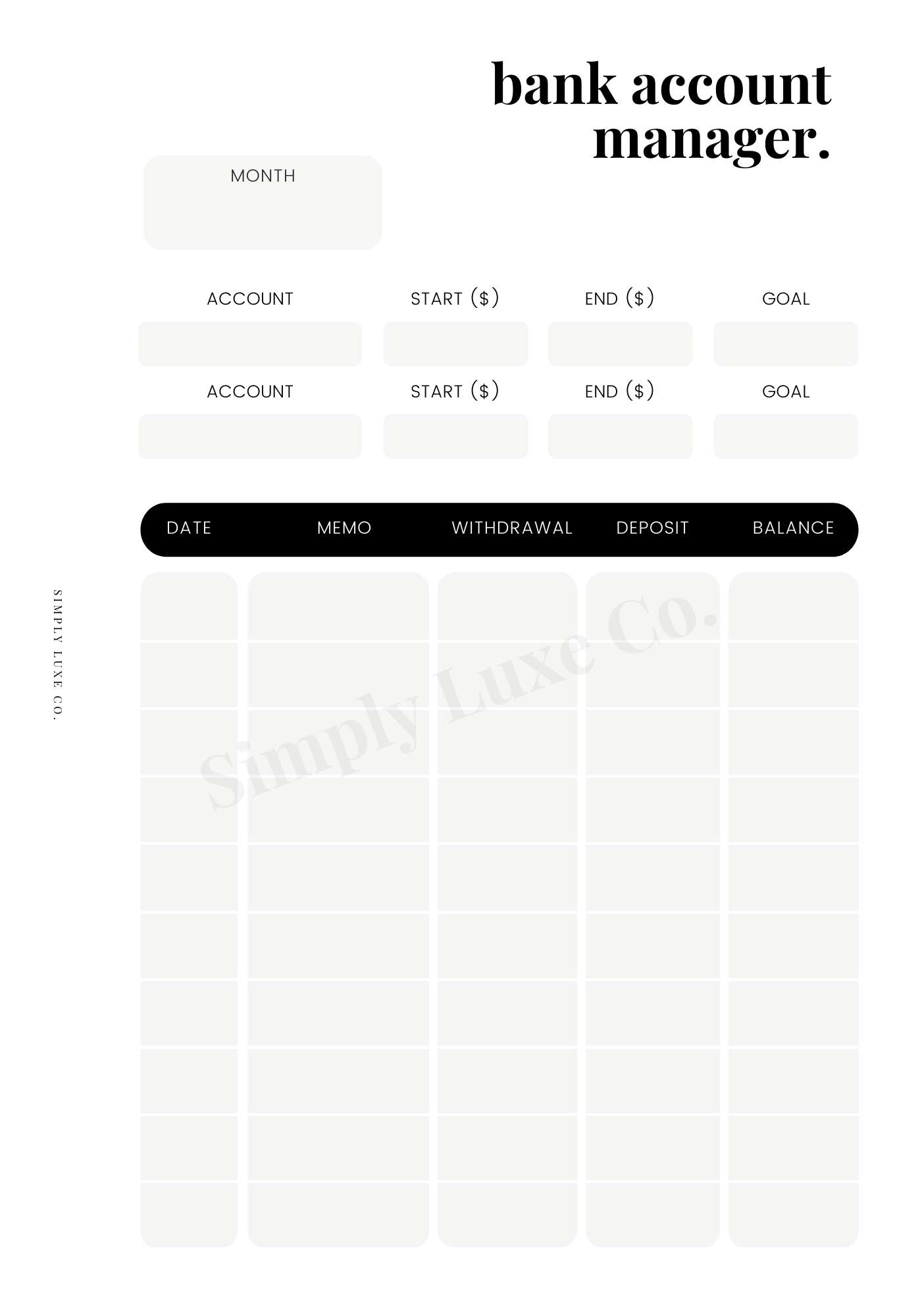 Bank Account Manager Printable Insert