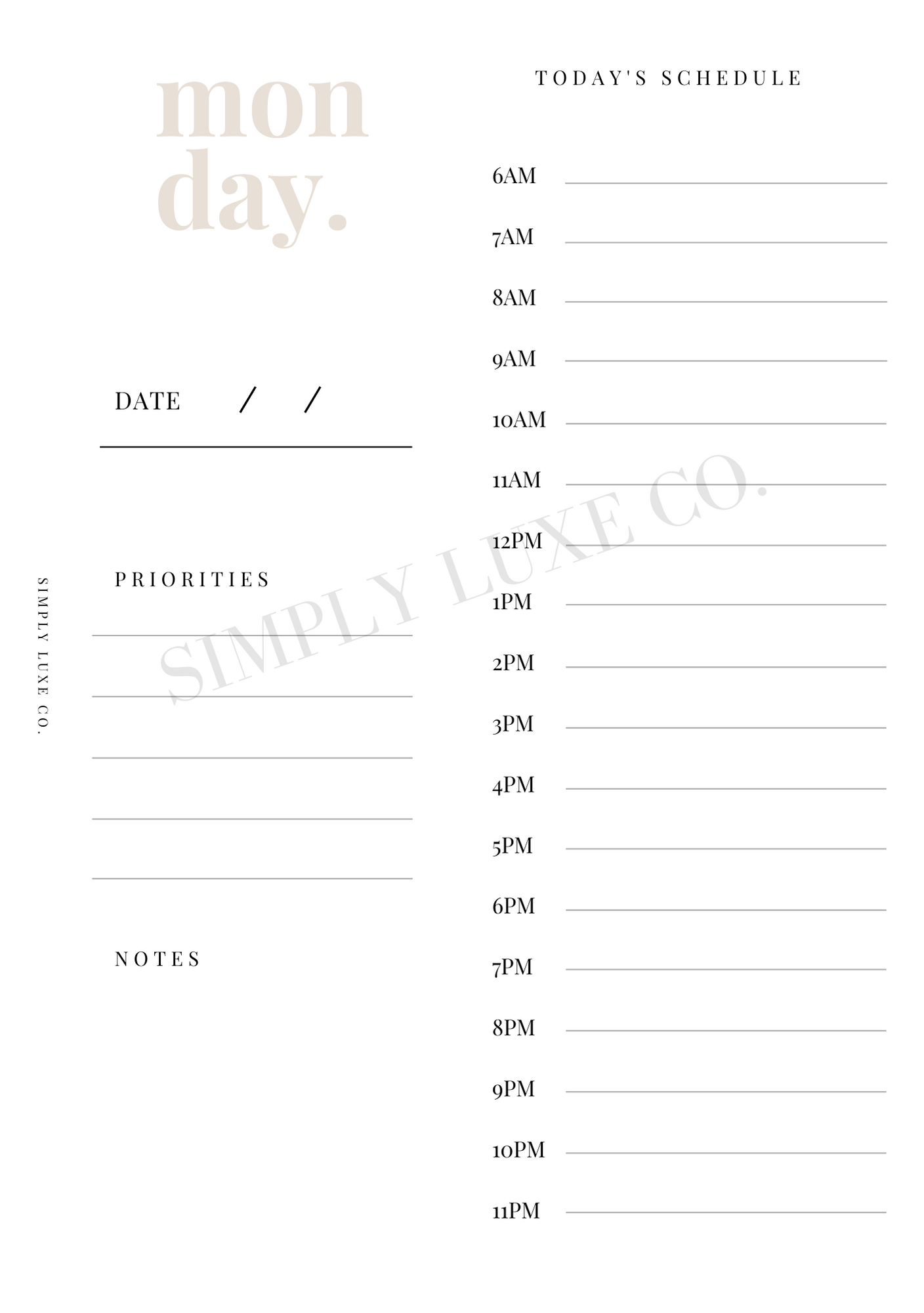 Undated Days Printable Insert Bundle - Monday thru Sunday w/ Weekly Overview - Available in 2 colors
