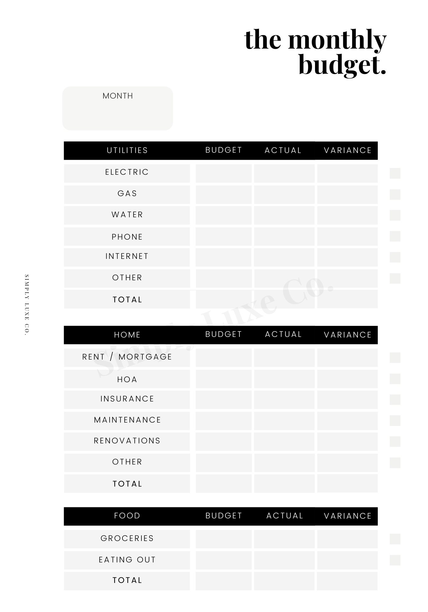 Monthly Budget Printable Insert