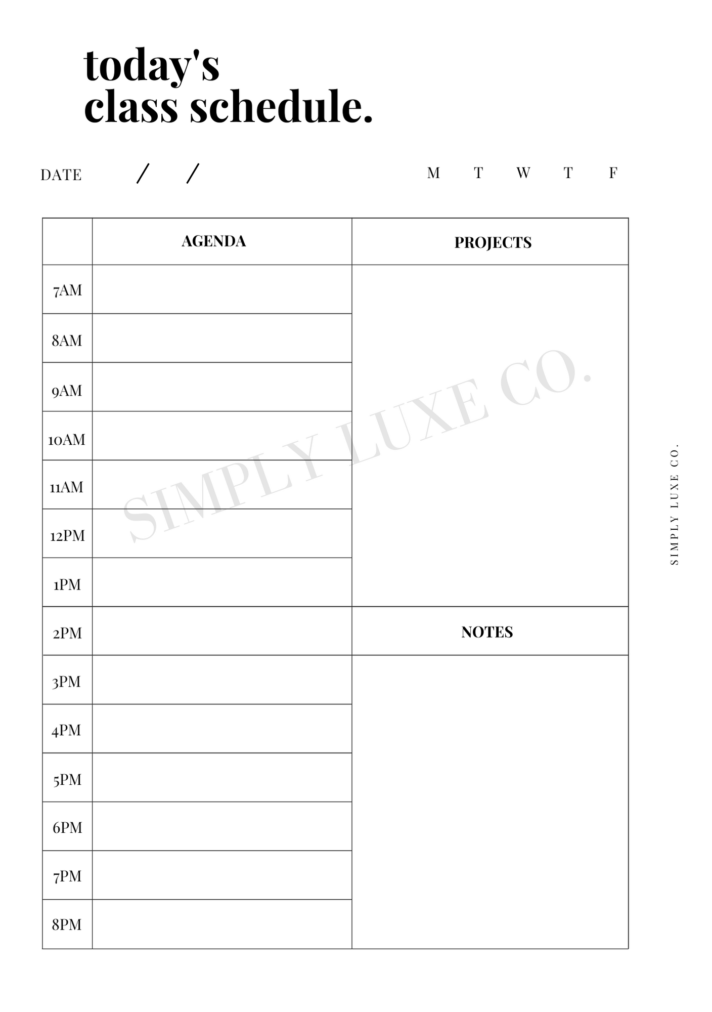 Today's Class Schedule Printable Inserts