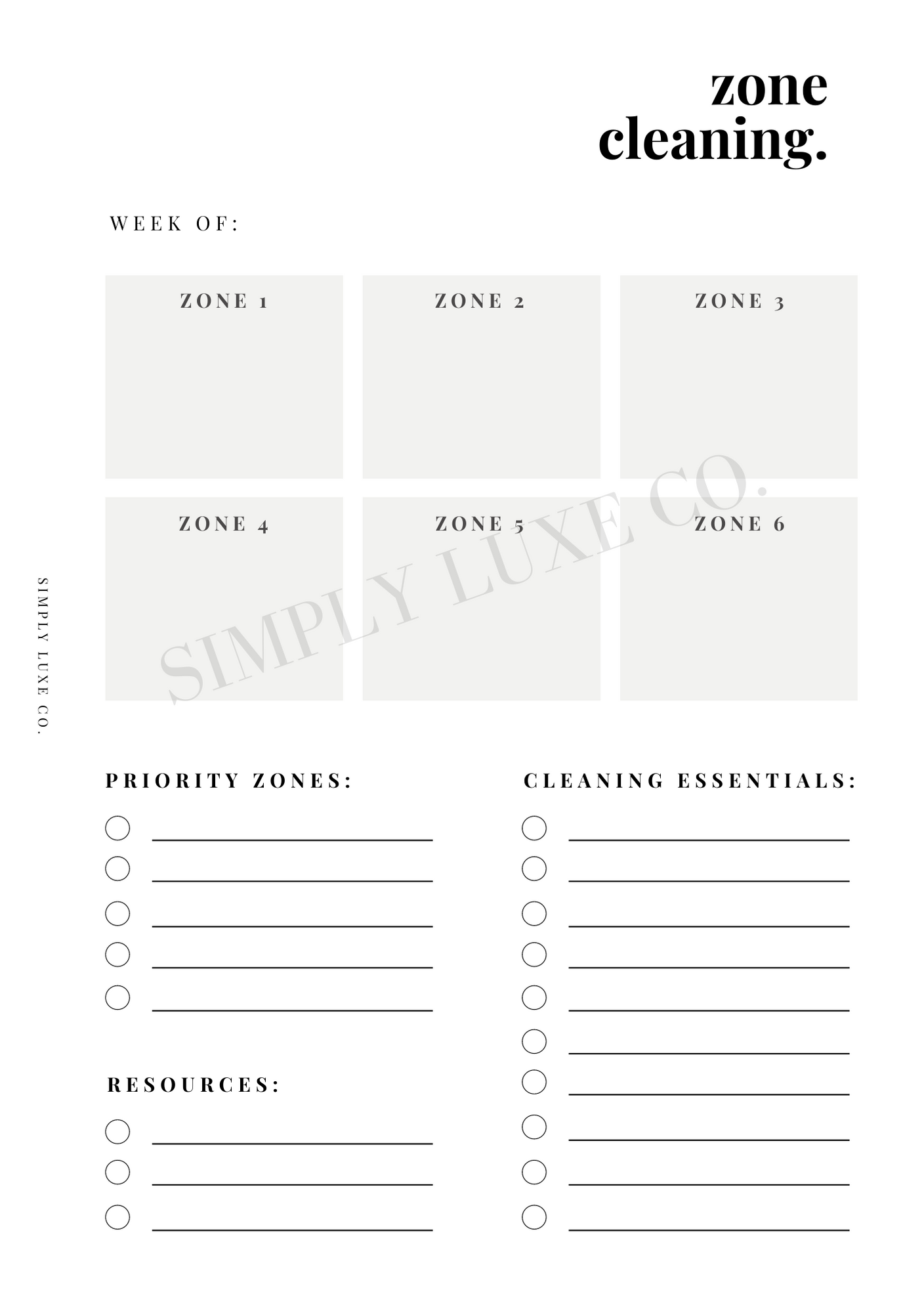 Zone Cleaning Printable Inserts