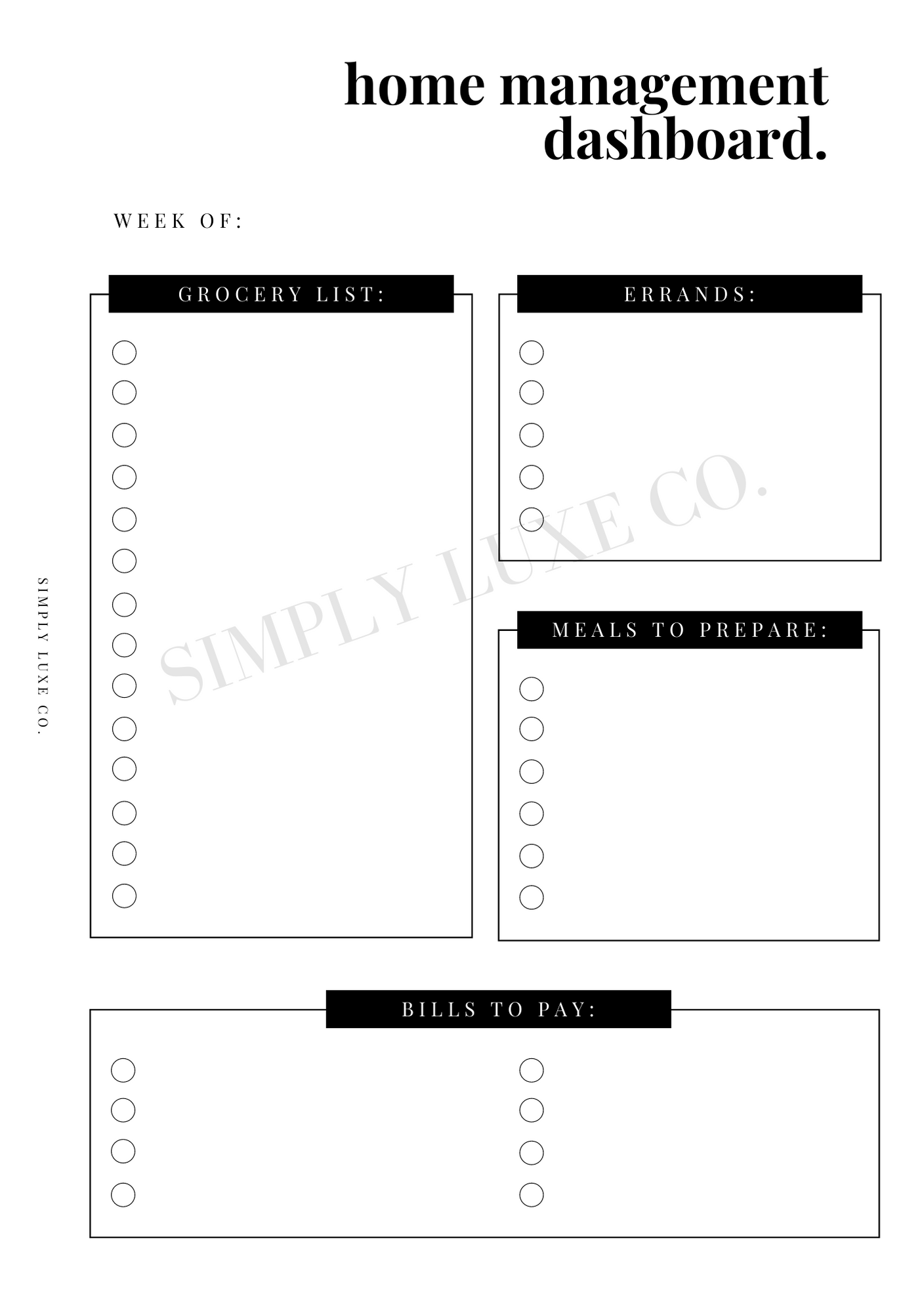 Home Management Dashboard Printable Inserts