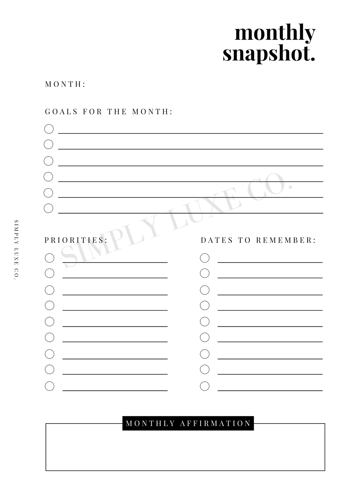 Monthly Snapshot Printable Inserts