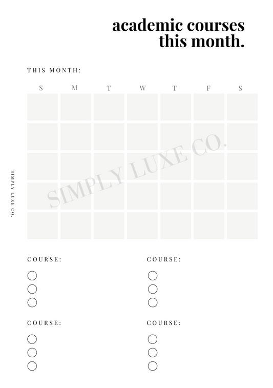 Monthly Academic Course Tracker Printable Inserts