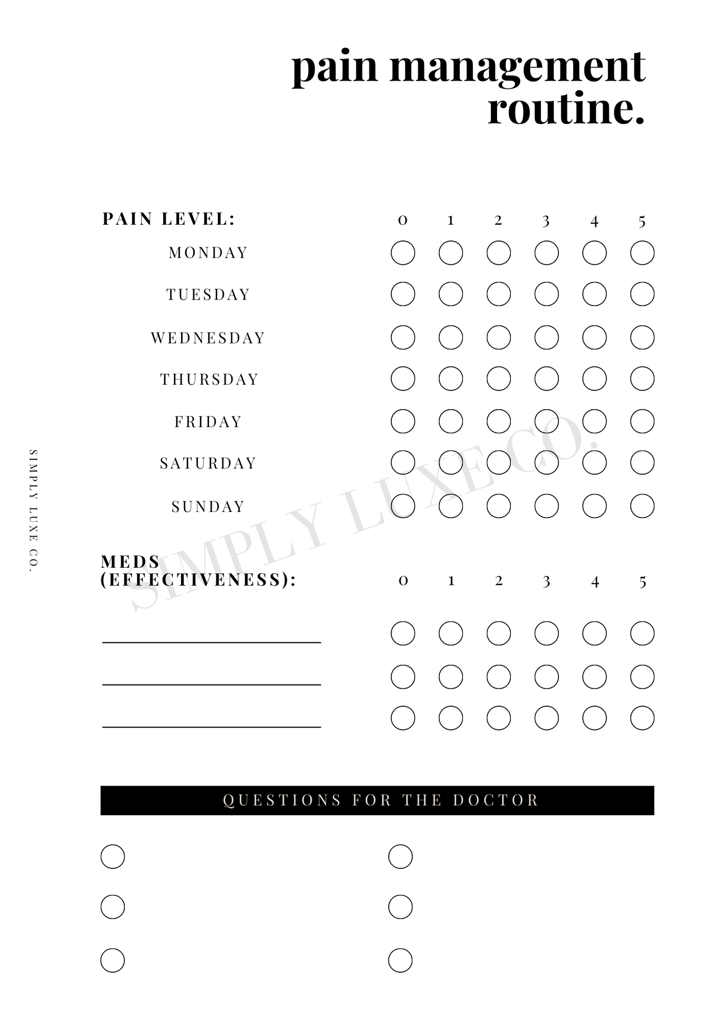 Pain Management Routine Printable Inserts