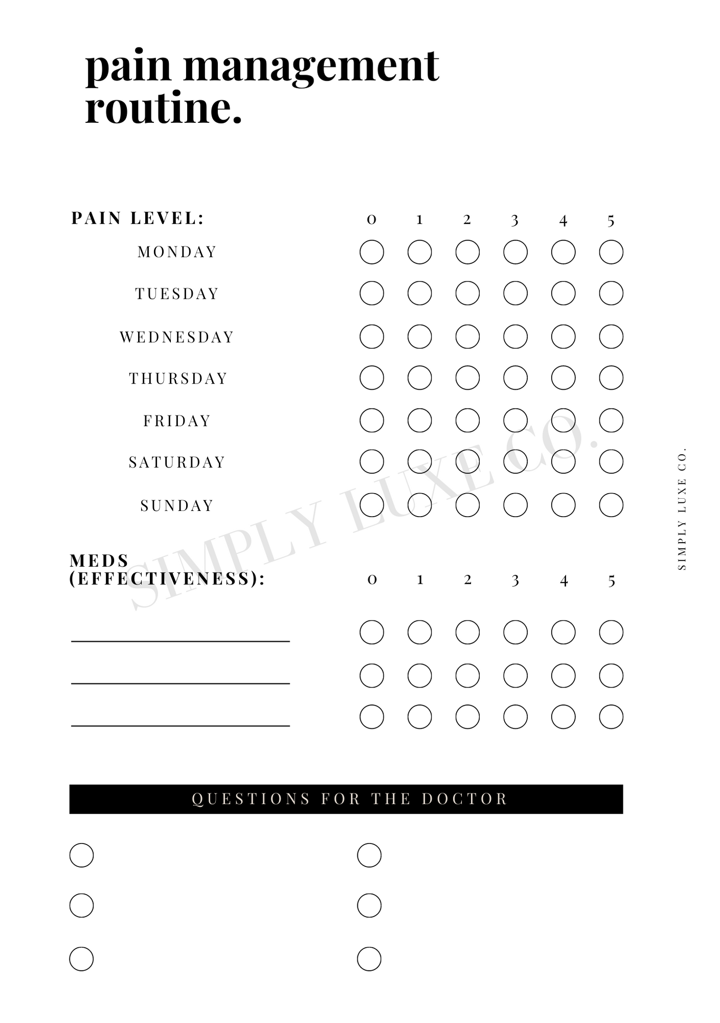Pain Management Routine Printable Inserts