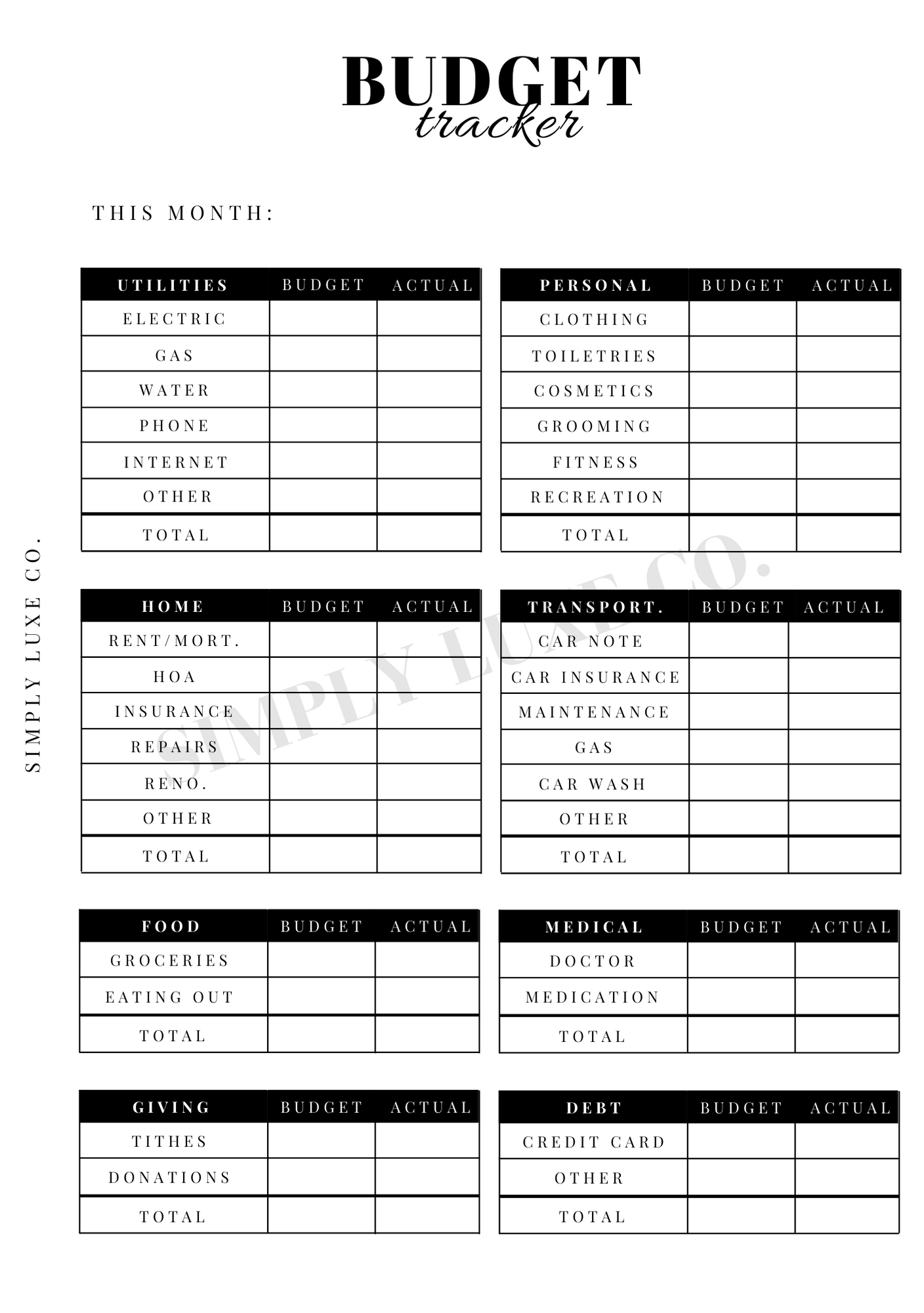 Monthly Budget Tracker Printable