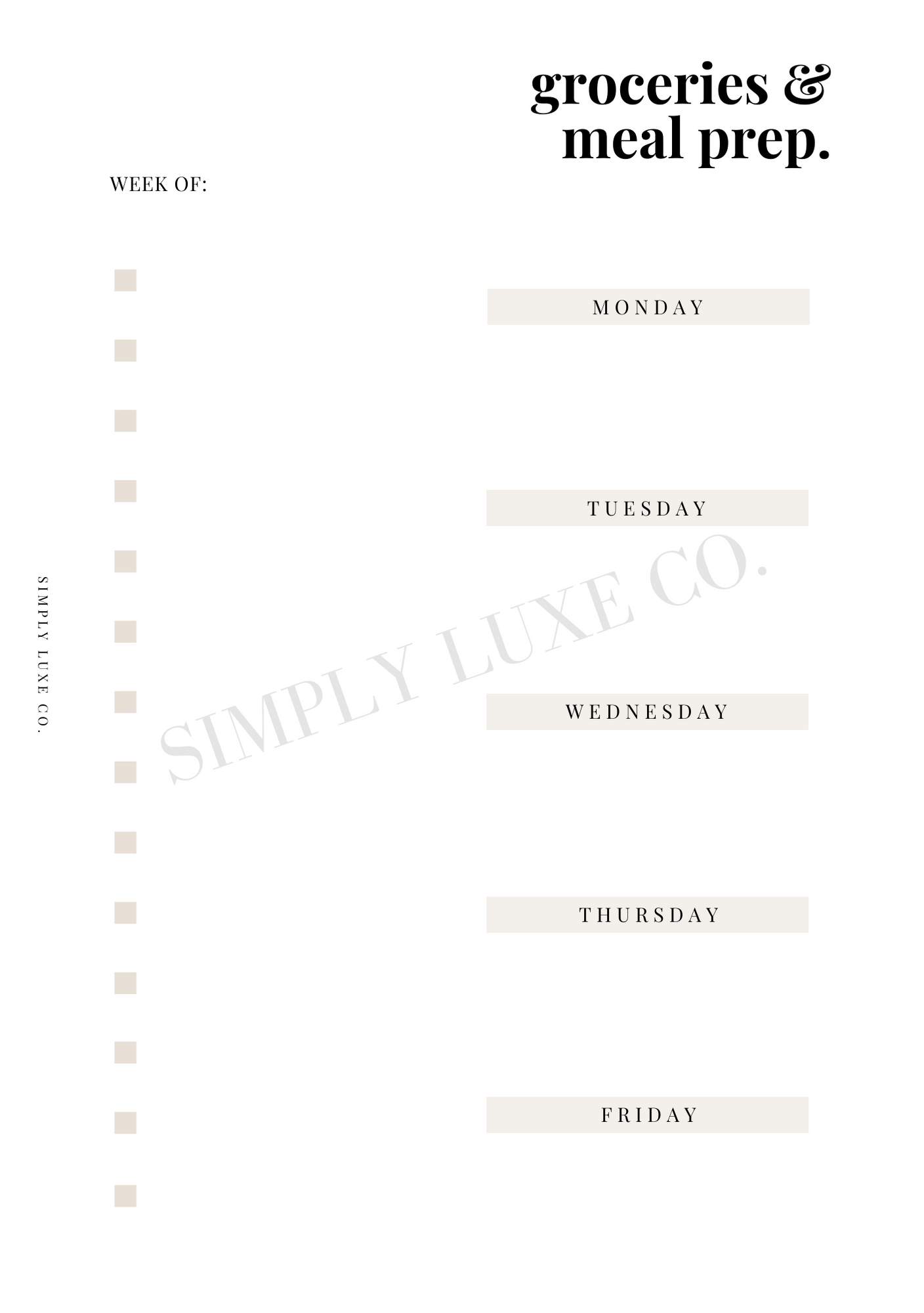 Groceries & Meal Prep Printable Inserts - Available in 2 colors