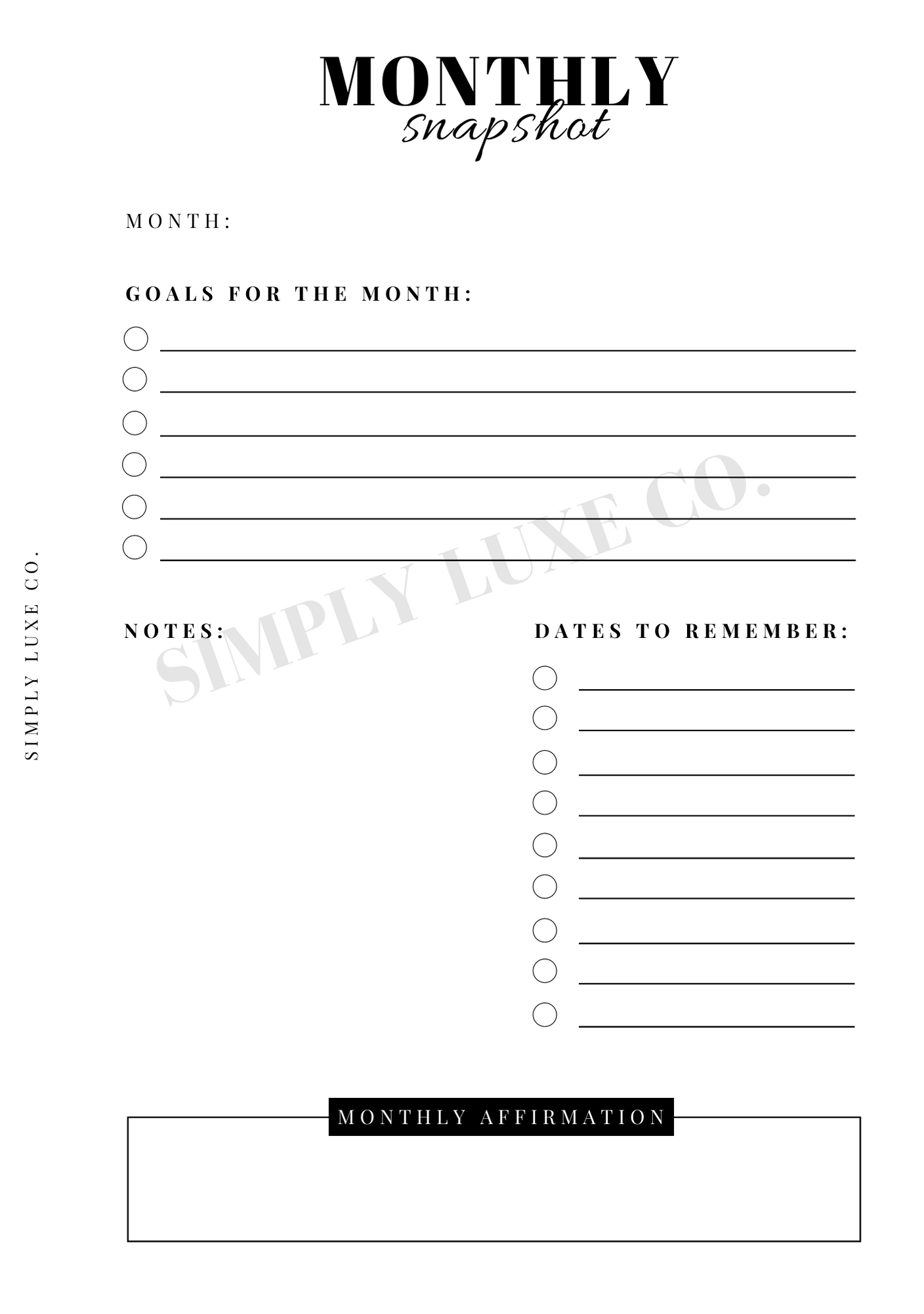 Monthly Snapshot Printable