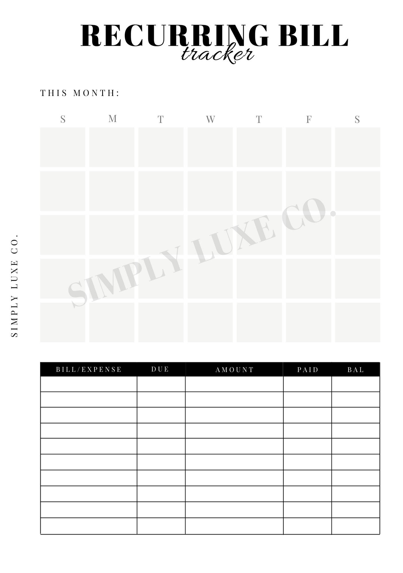 Monthly Recurring Bill Tracker Printable