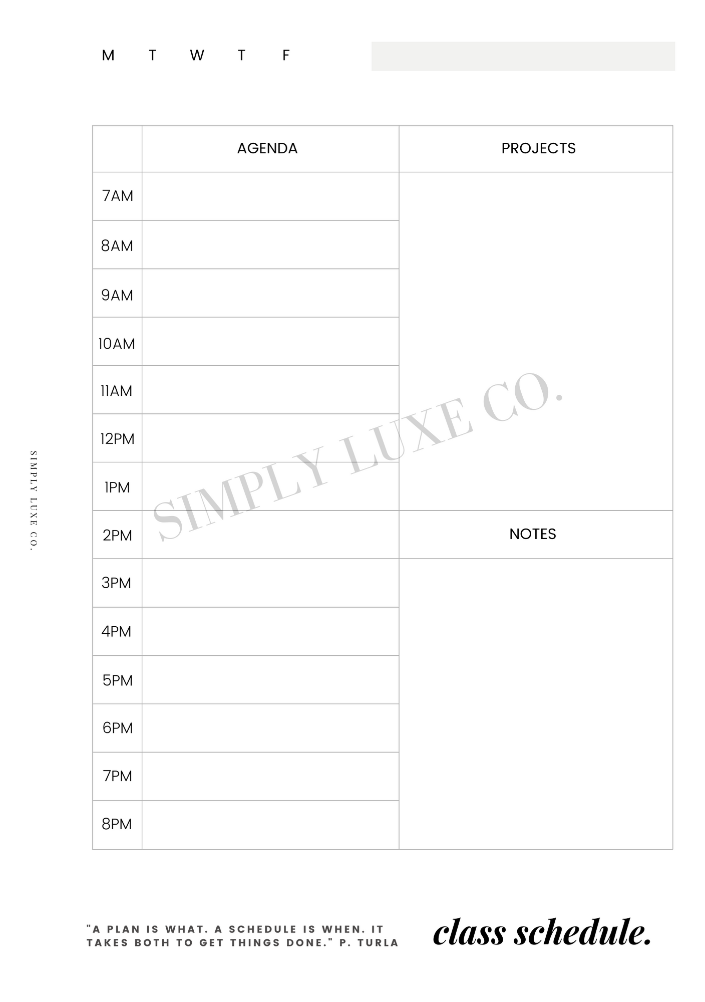class schedule "Editorial Edition" Printable Insert