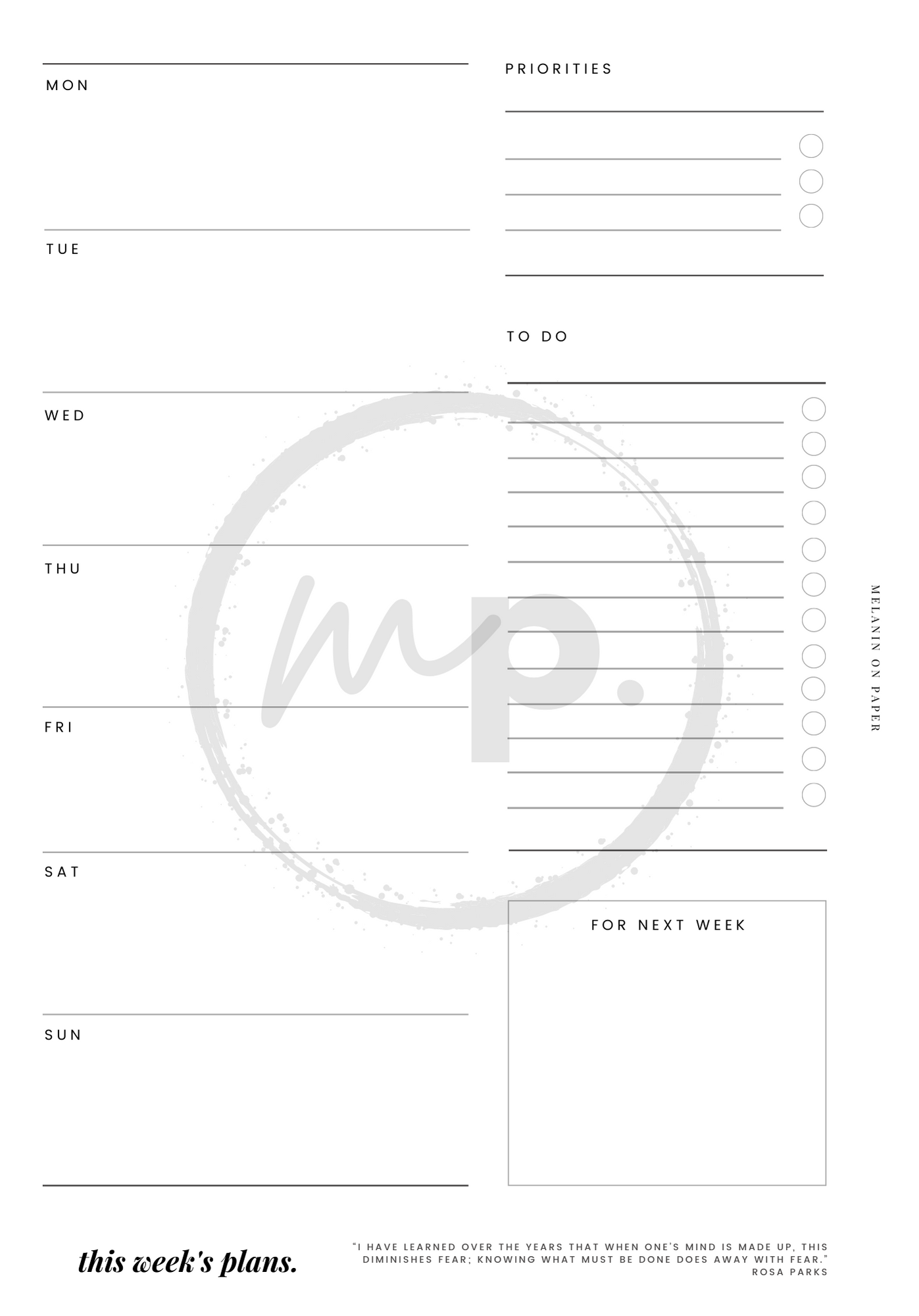 "this week's plans" Printable Planner Insert